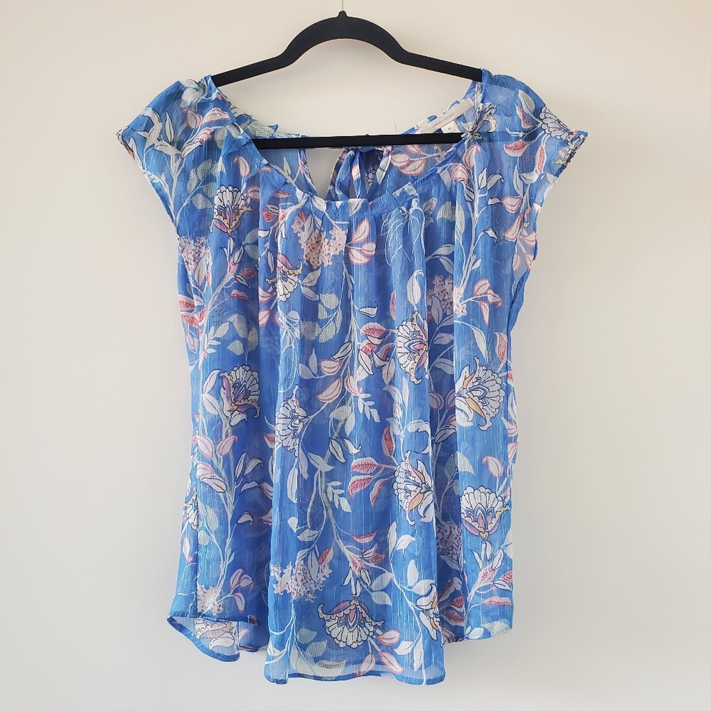 Lauren Conrad Sheer Blue Floral Pleated Neck Top